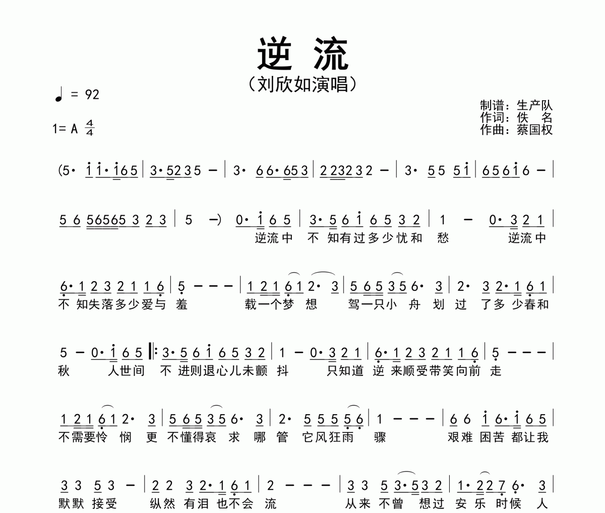 逆流簡譜 劉欣如-逆流簡譜A調