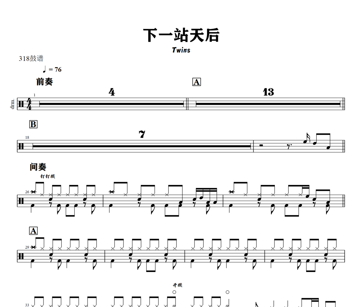 下一站天后鼓譜 Twins-下一站天后爵士鼓譜+動(dòng)態(tài)視頻 318鼓譜