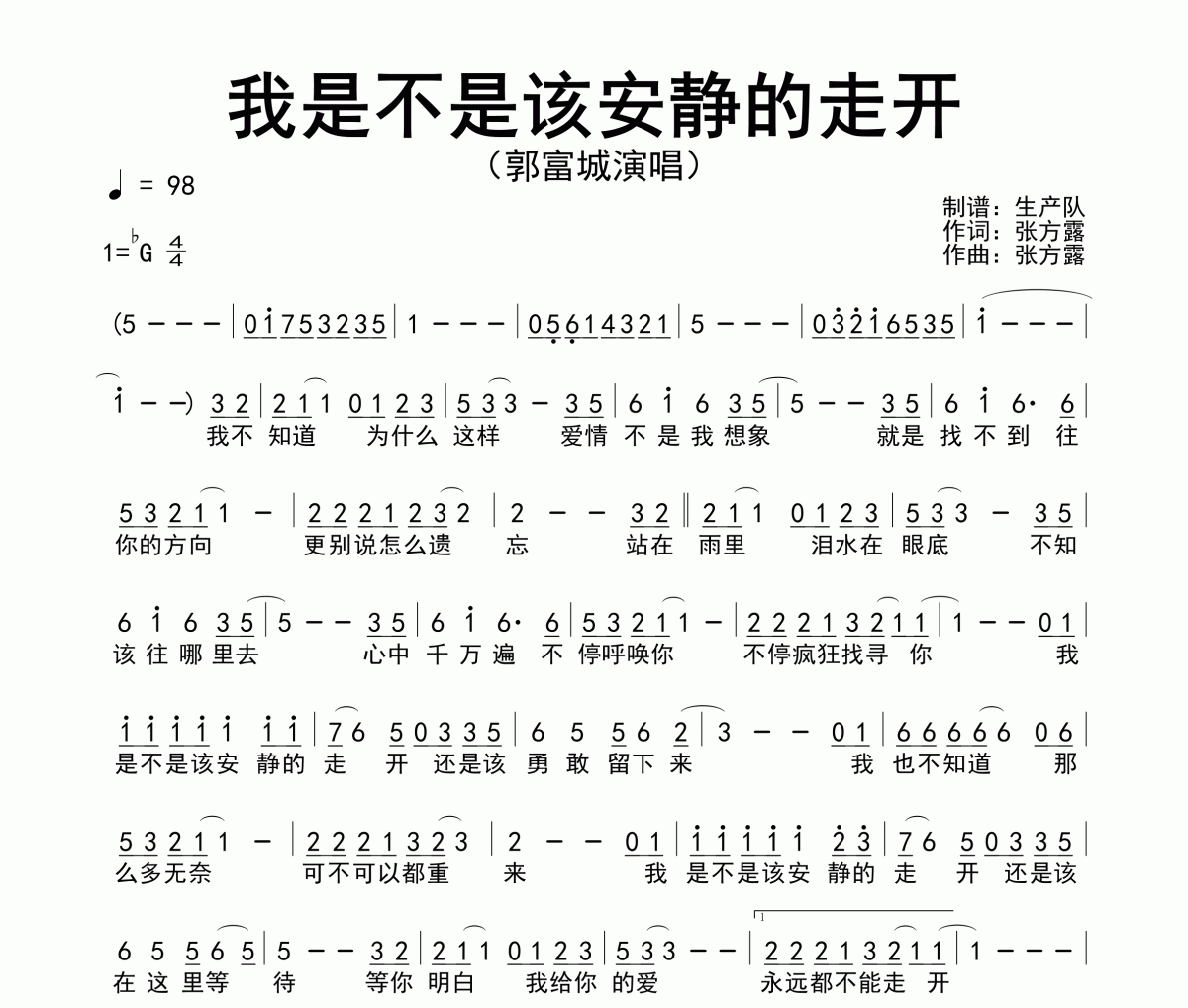 我是不是該安靜的走開簡譜 郭富城《我是不是該安靜的走開》簡譜降G調