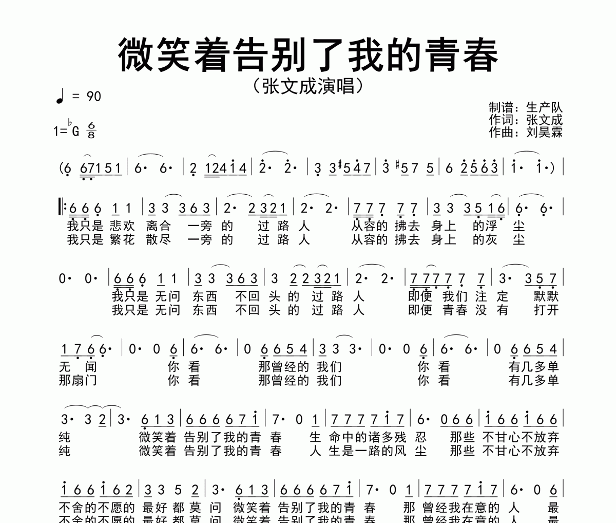 微笑著告別了我的青春簡譜 張文成《微笑著告別了我的青春》簡譜降G調