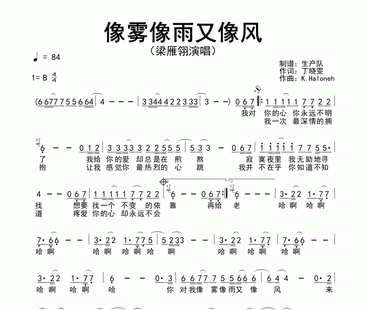 像霧像雨又像風(fēng)簡(jiǎn)譜 梁雁翎-像霧像雨又像風(fēng)簡(jiǎn)譜B調(diào)