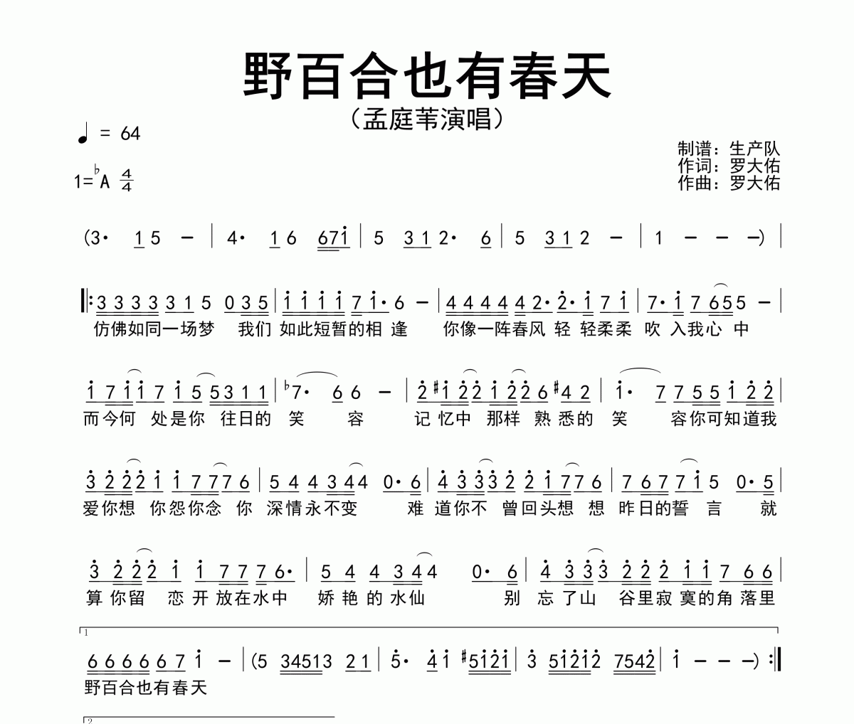 野百合也有春天簡譜 孟庭葦《野百合也有春天》簡譜降A(chǔ)調(diào)