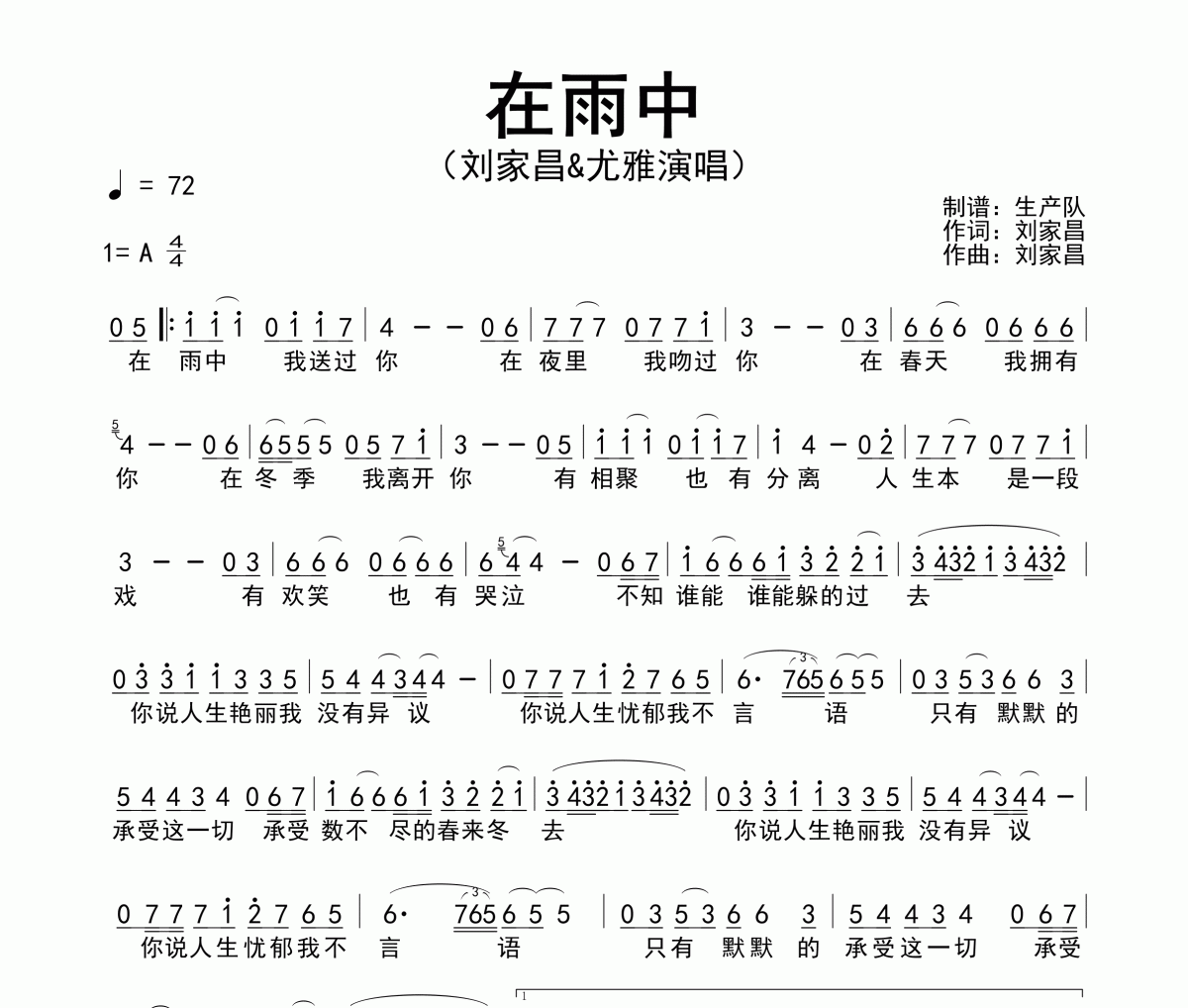 在雨中簡譜 劉家昌/尤雅《在雨中》簡譜A調