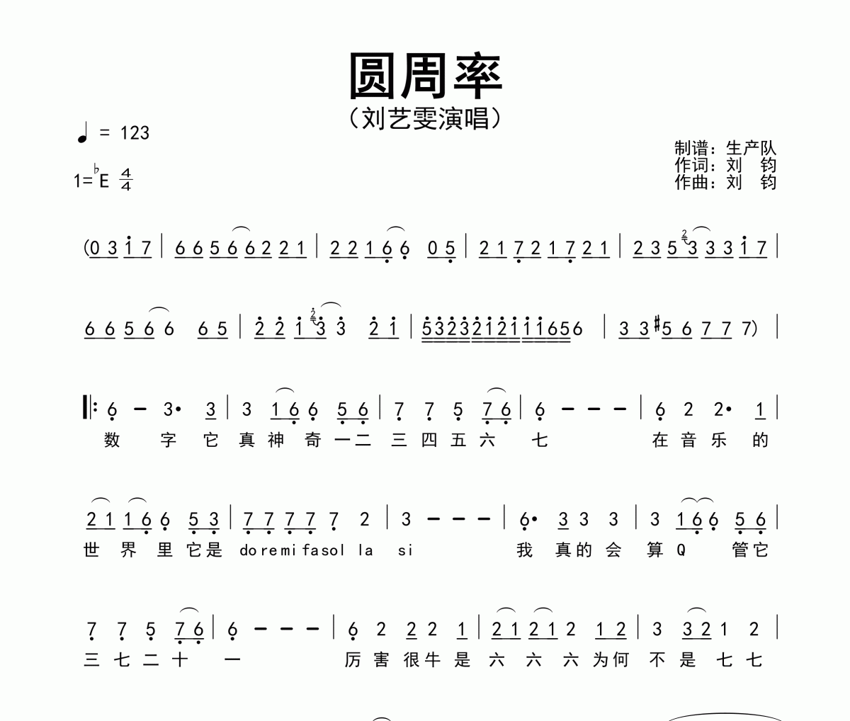 圓周率簡譜 劉藝雯-圓周率簡譜降E調(diào)
