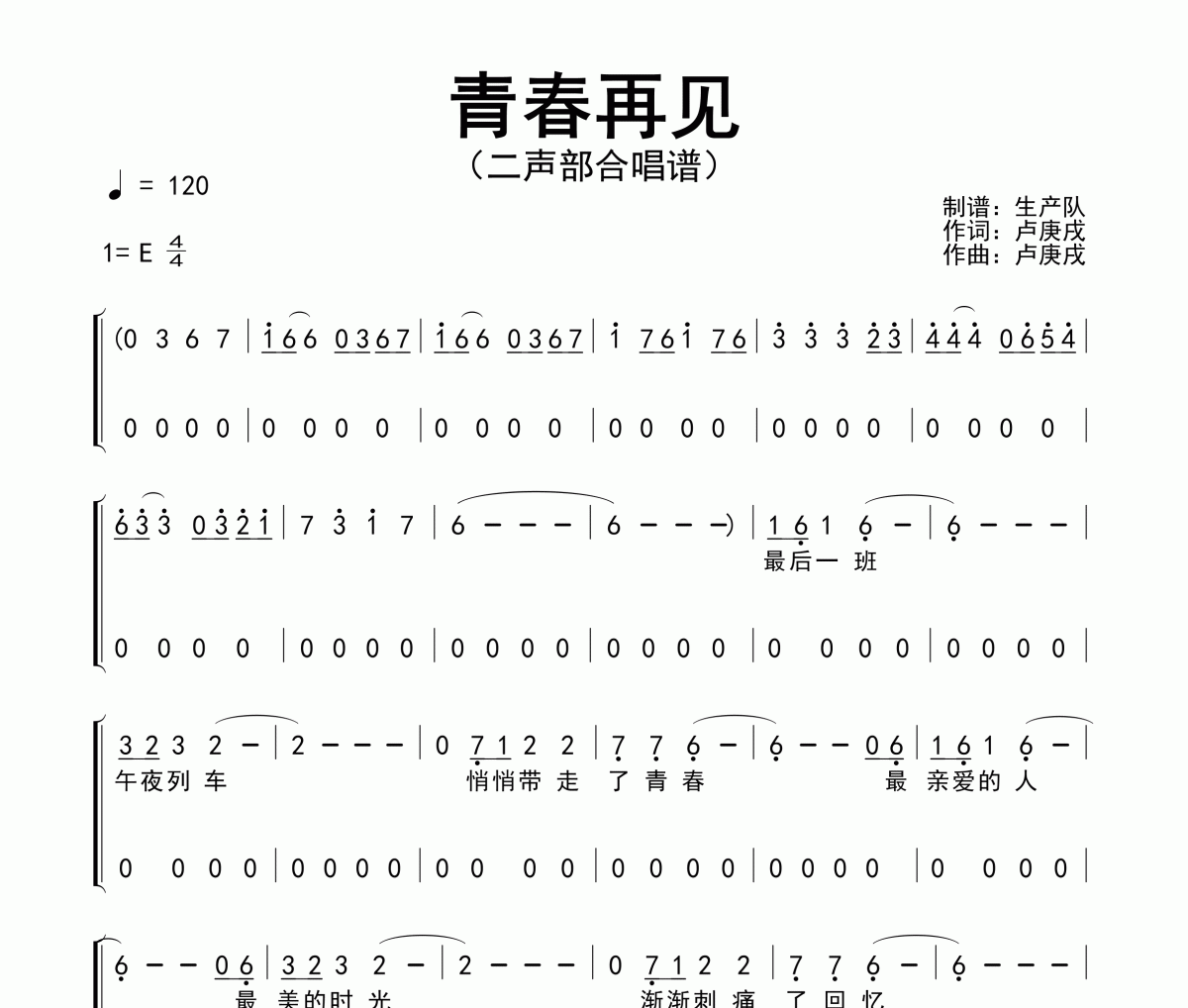 青春再見簡譜 水木年華《青春再見》(二聲部合唱譜)簡譜E調