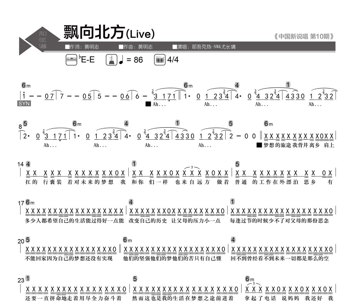 飄向北方簡譜 那吾克熱-NW,尤長靖《飄向北方》(Live)簡譜降E調(diào)