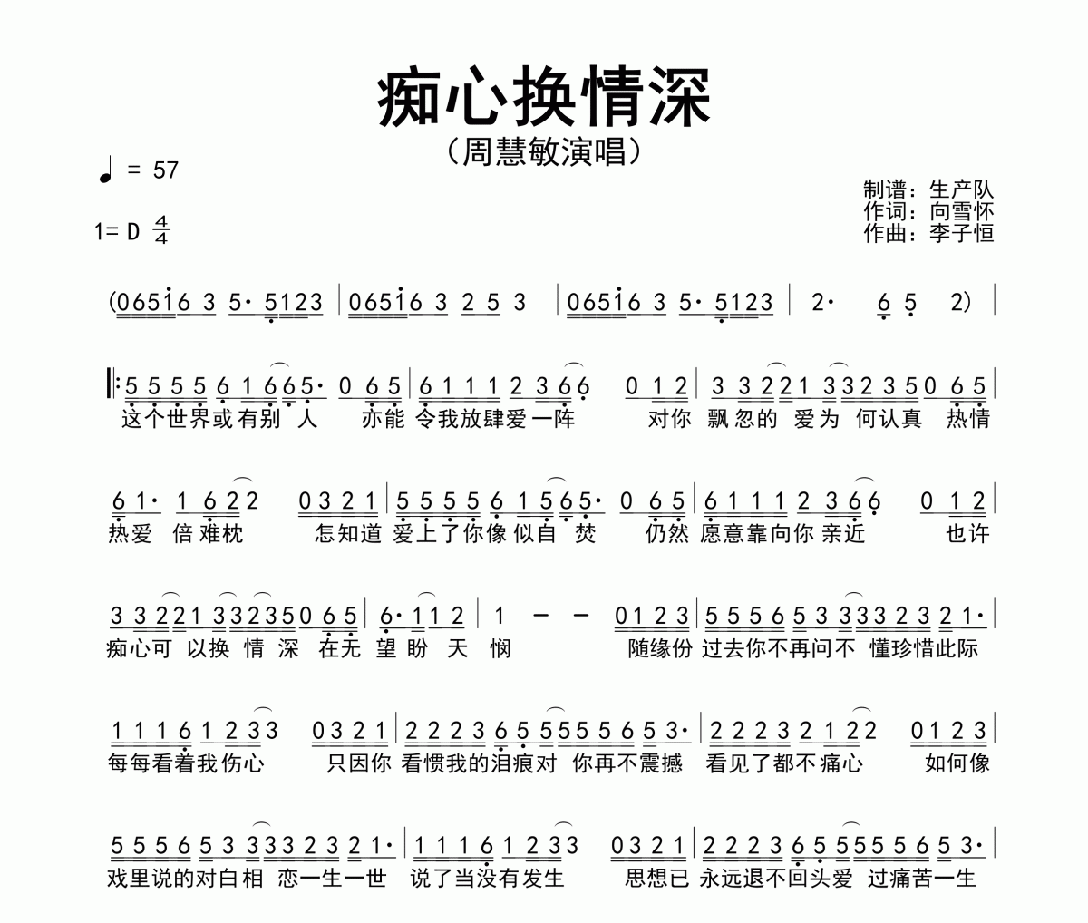 癡心換情深簡(jiǎn)譜 周慧敏-癡心換情深簡(jiǎn)譜D調(diào)