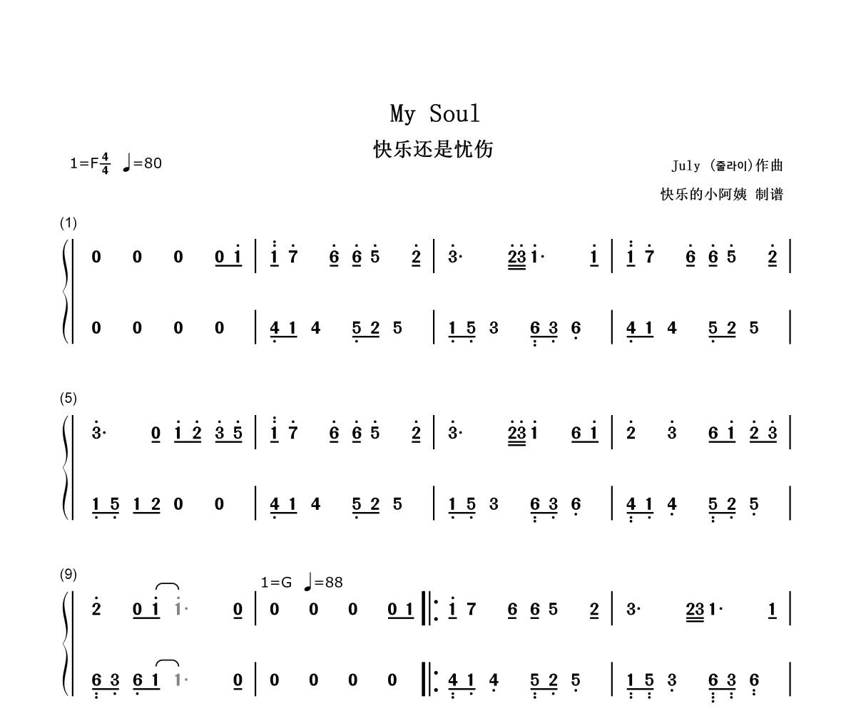 快樂還是憂傷My Soul-簡譜 July《快樂還是憂傷My Soul-數字雙手簡譜