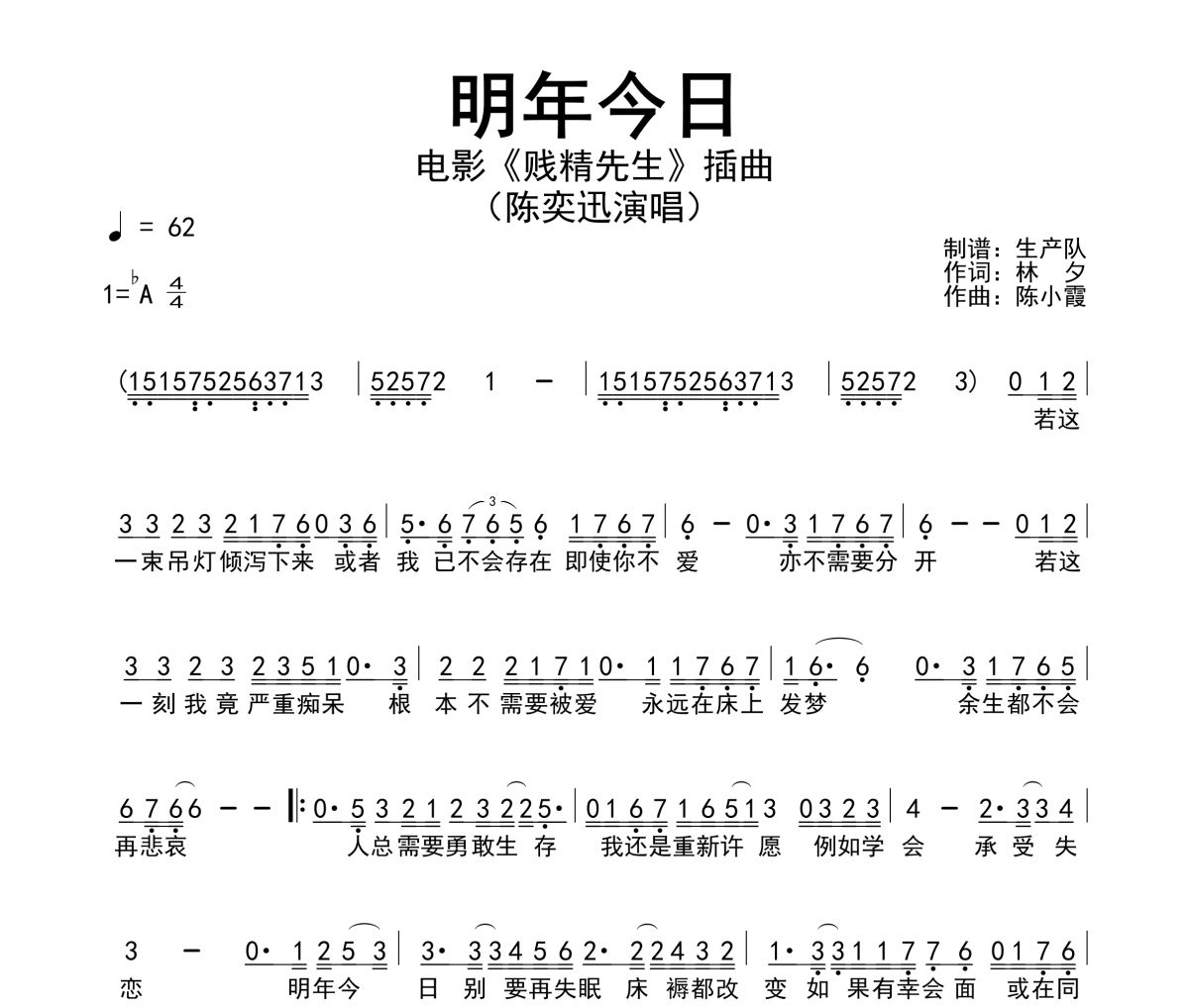 明年今日簡譜 陳奕迅《明年今日》簡譜降A調