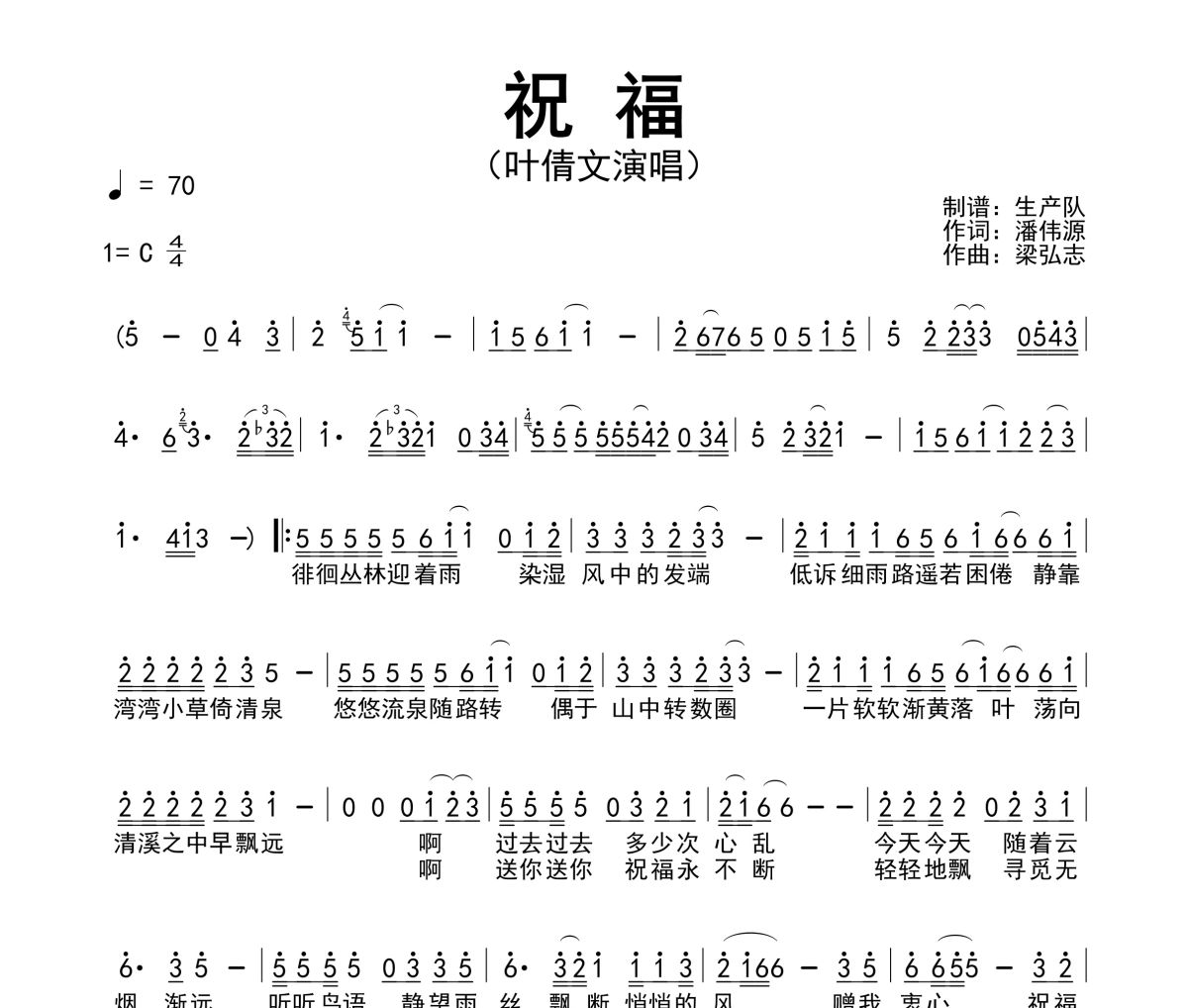 祝福簡譜 葉倩文《祝福》簡譜C調(diào)