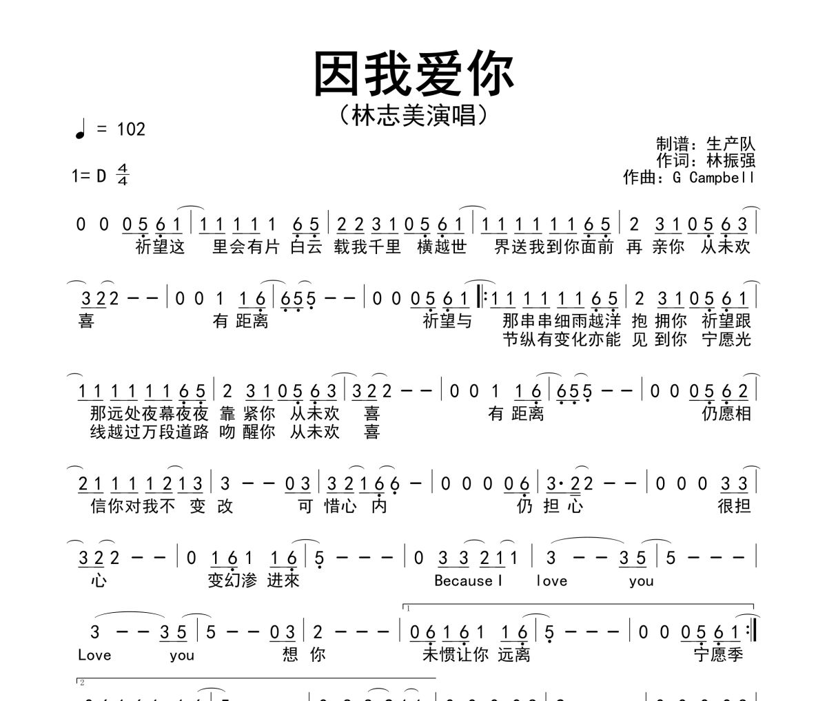 因我愛你簡譜 林志美《因我愛你》簡譜D調