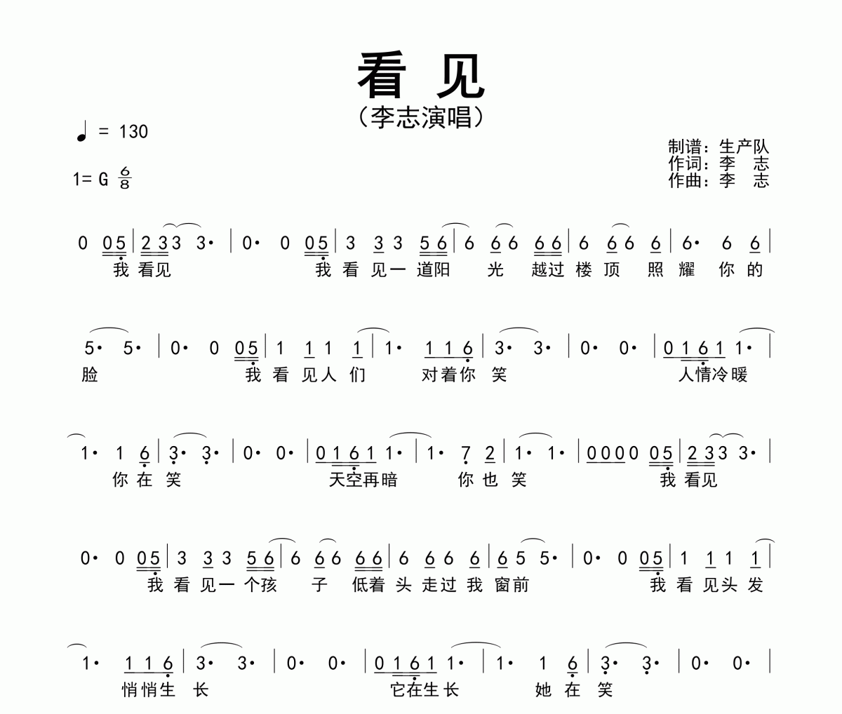 看見簡譜 李志《看見》簡譜G調