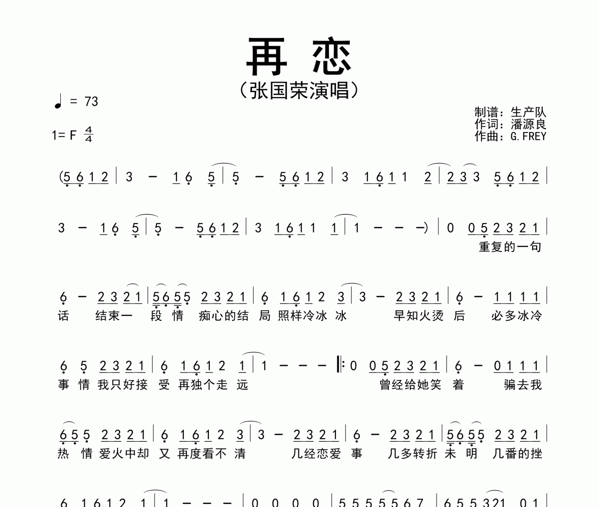 再戀簡譜 張國榮《再戀》簡譜F調(diào)