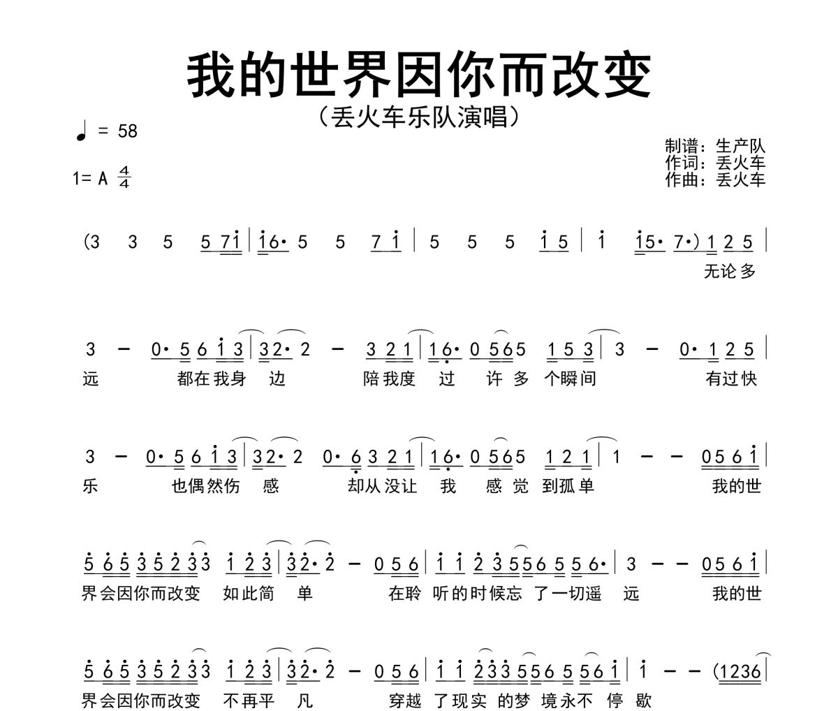 我的世界因你而改變簡譜 丟火車樂隊《我的世界因你而改變》簡譜A調