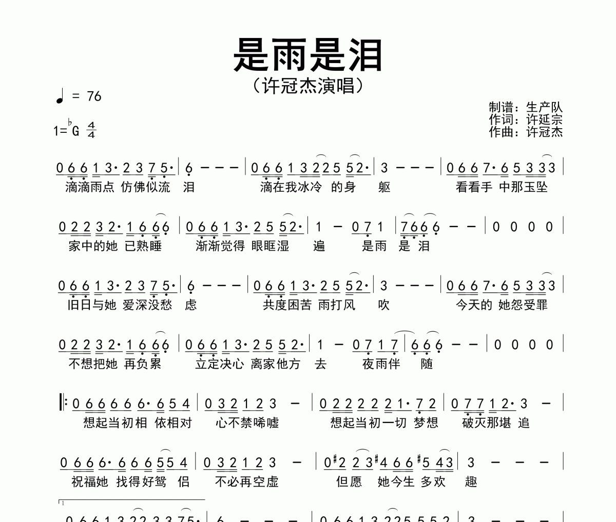 是雨是淚簡譜 許冠杰《是雨是淚》簡譜降G調(diào)