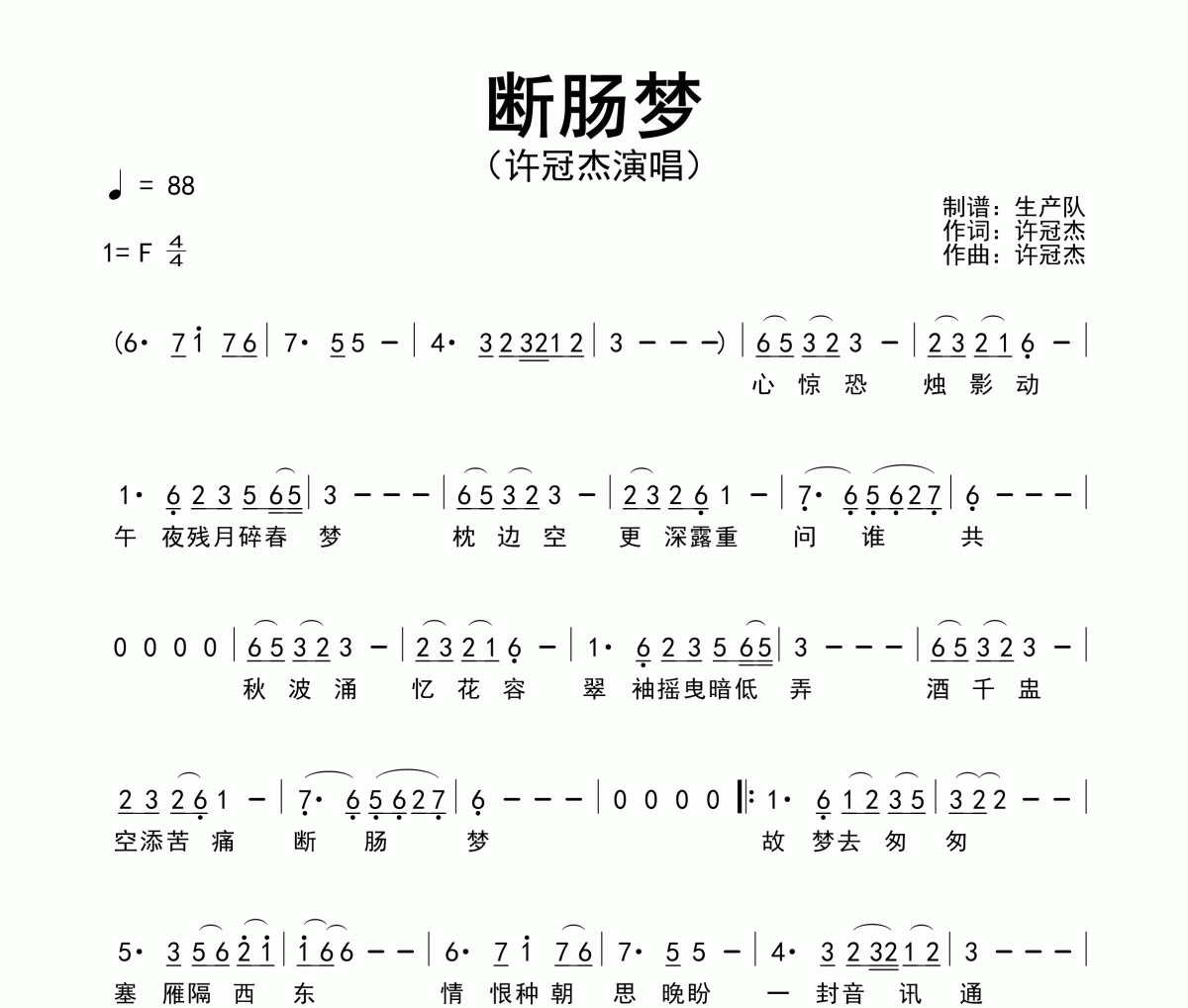 斷腸夢(mèng)簡(jiǎn)譜 許冠杰《斷腸夢(mèng)》簡(jiǎn)譜F調(diào)