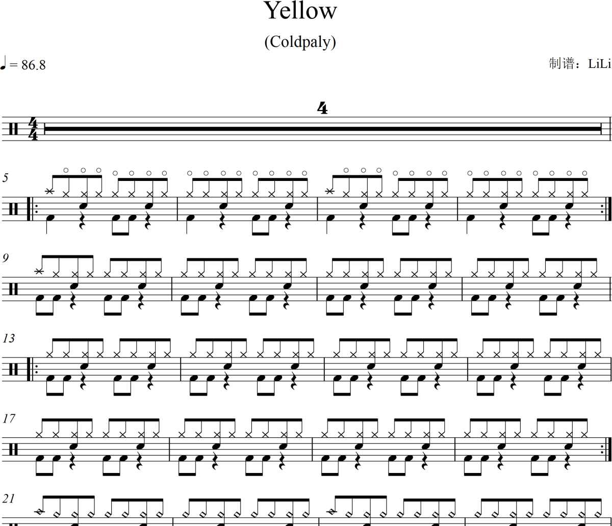 Yellow鼓譜 Coldpaly《Yellow》架子鼓|爵士鼓|鼓譜