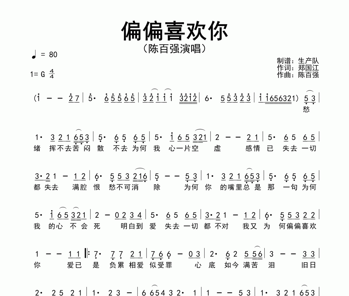 偏偏喜歡你簡譜 陳百強《偏偏喜歡你》簡譜G調