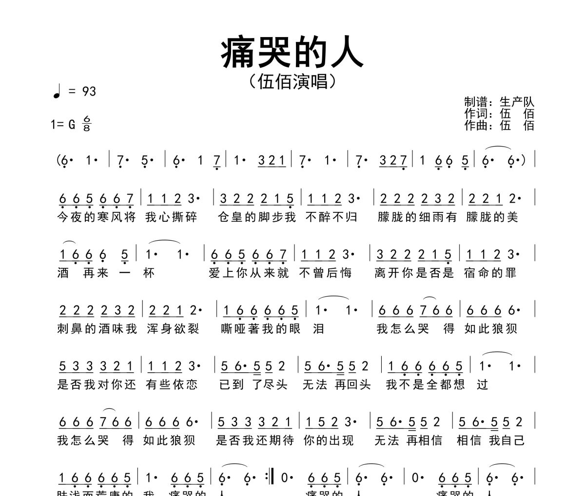 痛哭的人簡譜 伍佰《痛哭的人》簡譜
