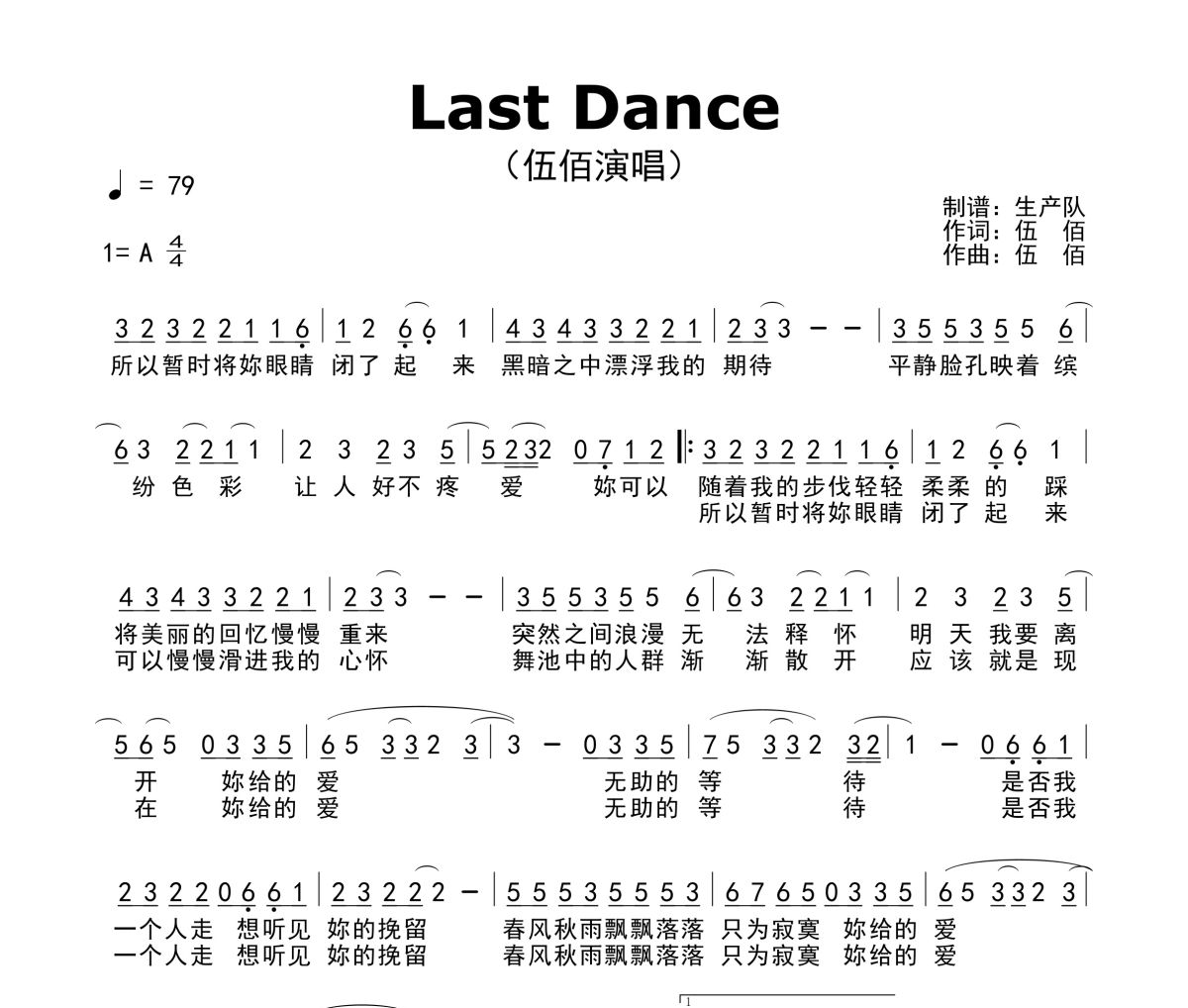 Last Dance簡譜 伍佰《Last Dance》簡譜
