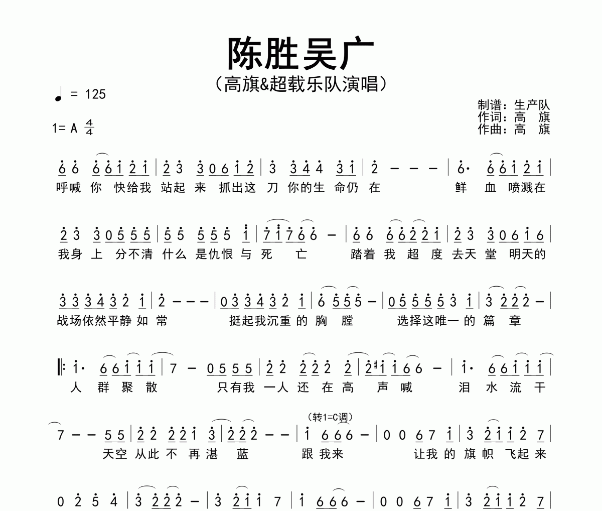 陳勝吳廣簡(jiǎn)譜 高旗&超載樂(lè)隊(duì)《陳勝吳廣》簡(jiǎn)譜