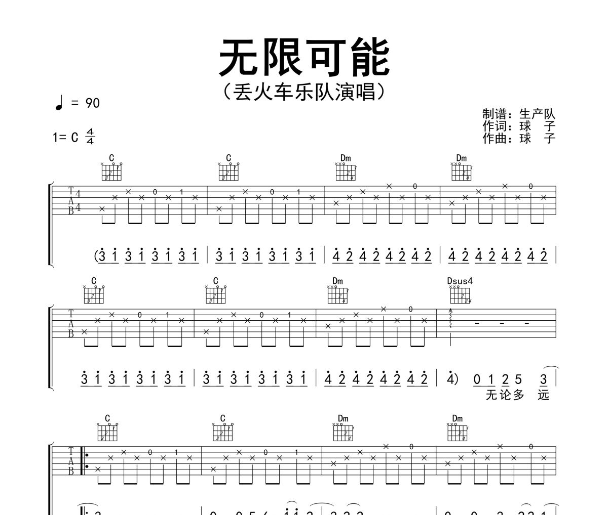 無限可能吉他譜 丟火車樂隊(duì)《無限可能》六線譜C調(diào)吉他譜