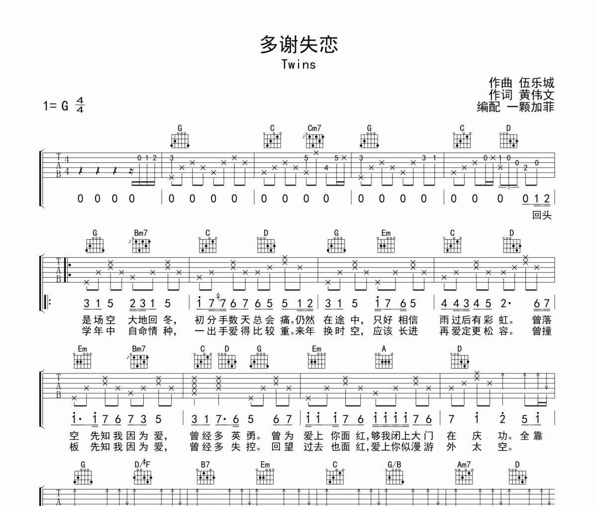 多謝失戀吉他譜 Twins《多謝失戀》六線譜G調吉他譜