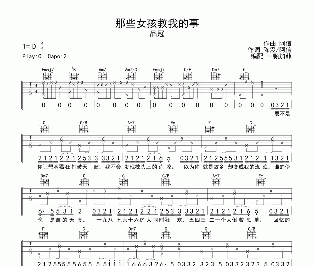 那些女孩教我的事吉他譜 品冠《那些女孩教我的事》六線譜C調