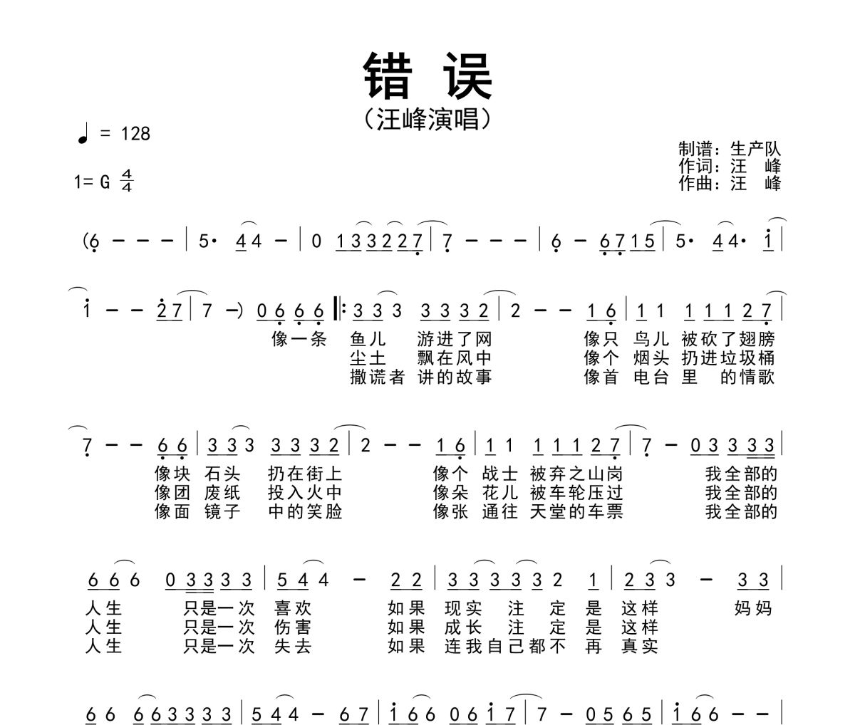 錯誤簡譜 汪峰《錯誤》簡譜G調