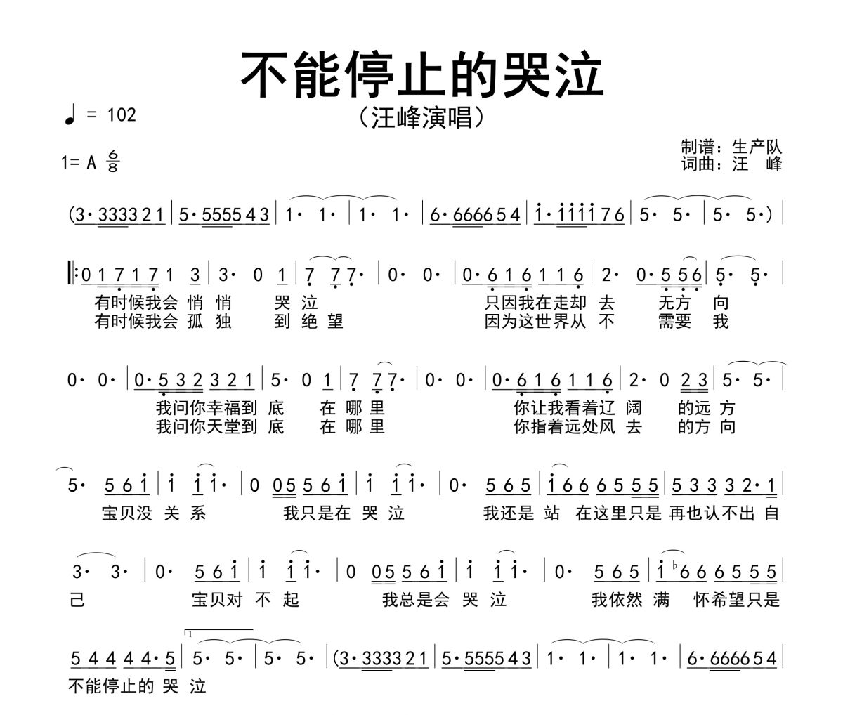 不能停止的哭泣簡譜 汪峰《不能停止的哭泣》簡譜A調