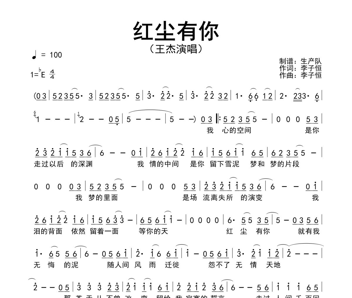 紅塵有你簡(jiǎn)譜 王杰《紅塵有你》簡(jiǎn)譜降E調(diào)