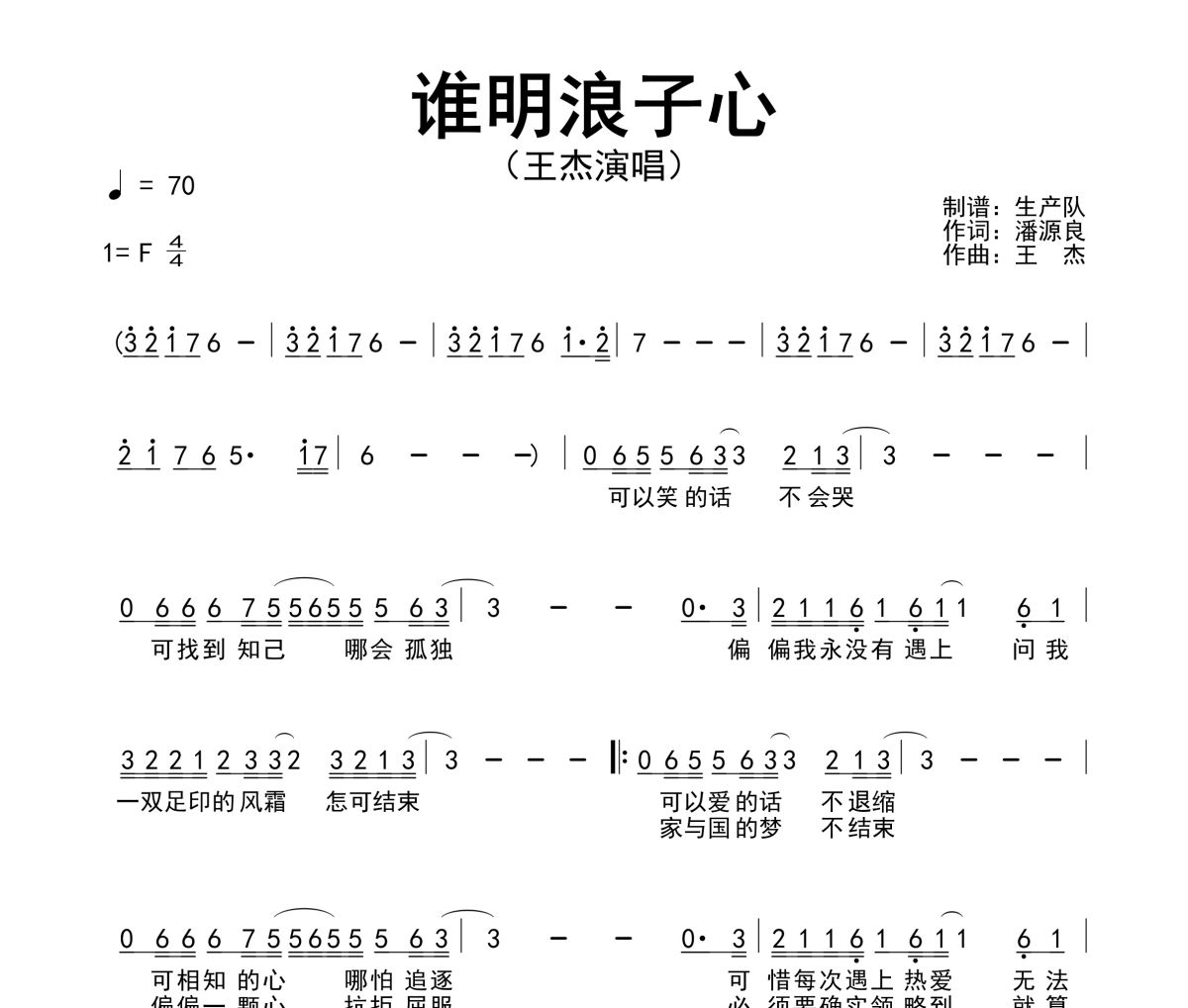 誰(shuí)明浪子心簡(jiǎn)譜 王杰-誰(shuí)明浪子心簡(jiǎn)譜F調(diào)