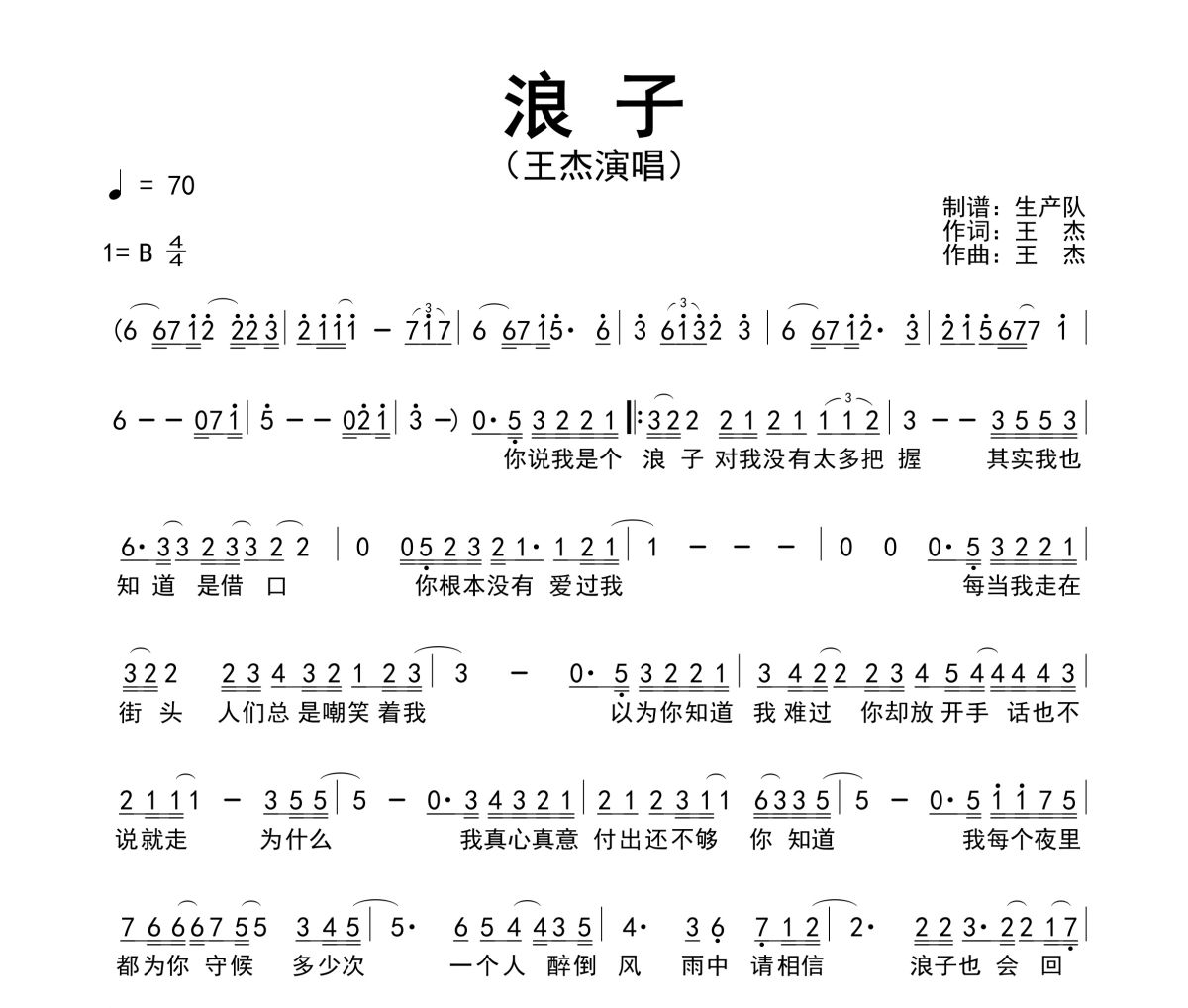 浪子簡譜 王杰《浪子》簡譜B調(diào)
