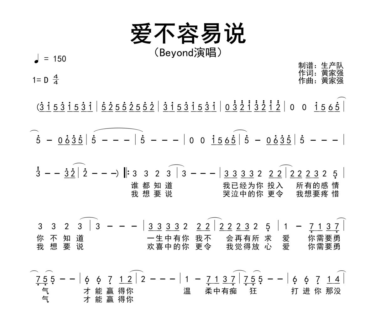 愛不容易說簡(jiǎn)譜 Beyond《愛不容易說》簡(jiǎn)譜D調(diào)