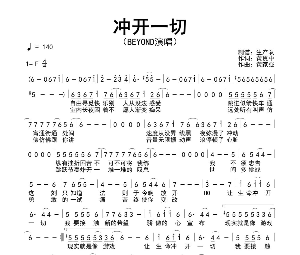 沖開一切簡譜 Beyond《沖開一切》簡譜F調