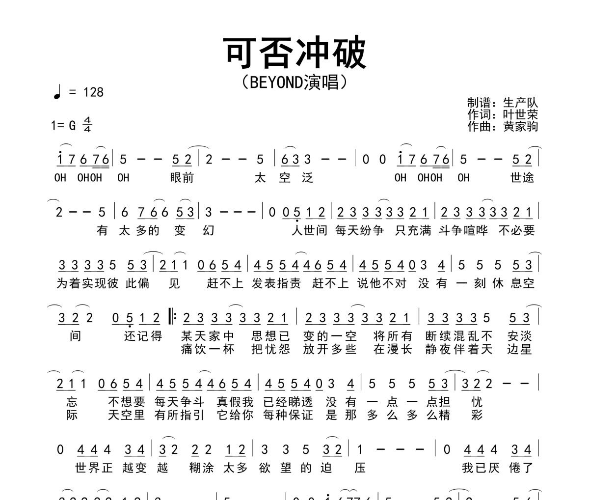 可否沖破簡譜 Beyond《可否沖破》簡譜G調(diào)