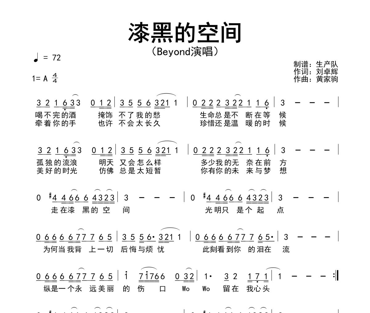 漆黑的空間簡譜 Beyond《漆黑的空間》簡譜A調