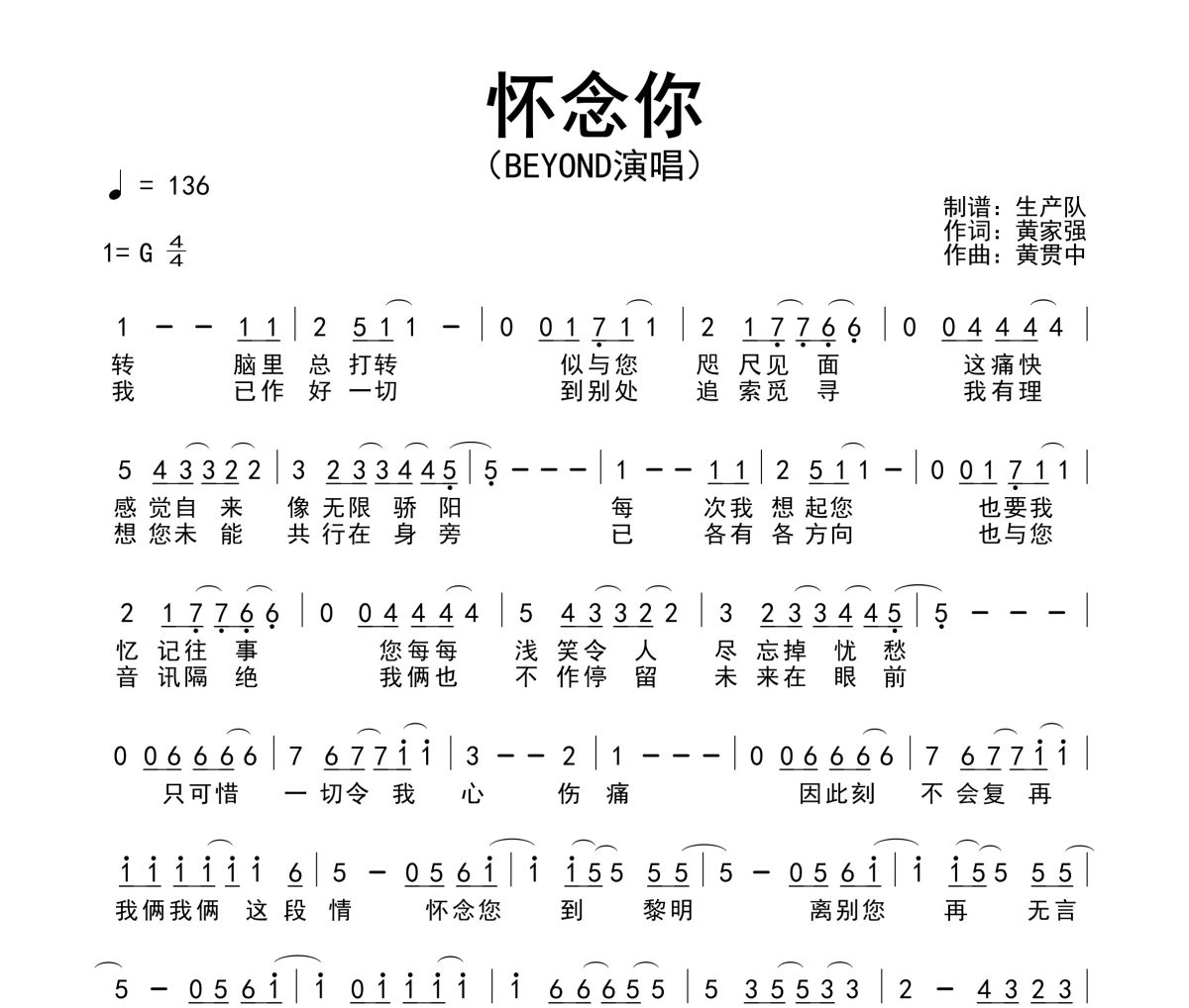 懷念你簡譜 Beyond《懷念你》簡譜G調