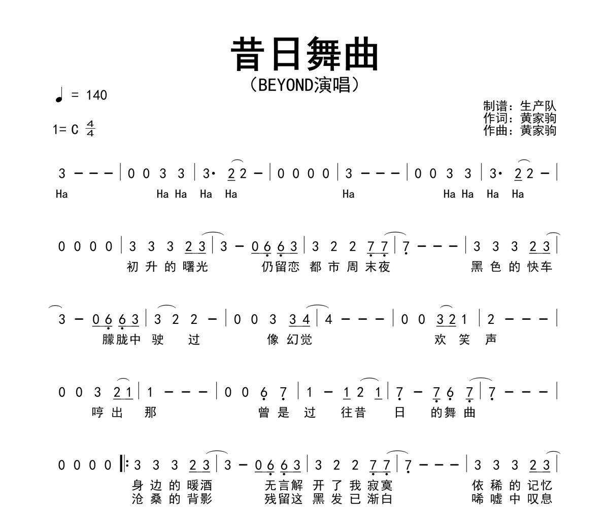 昔日舞曲簡譜 Beyond《昔日舞曲》簡譜C調