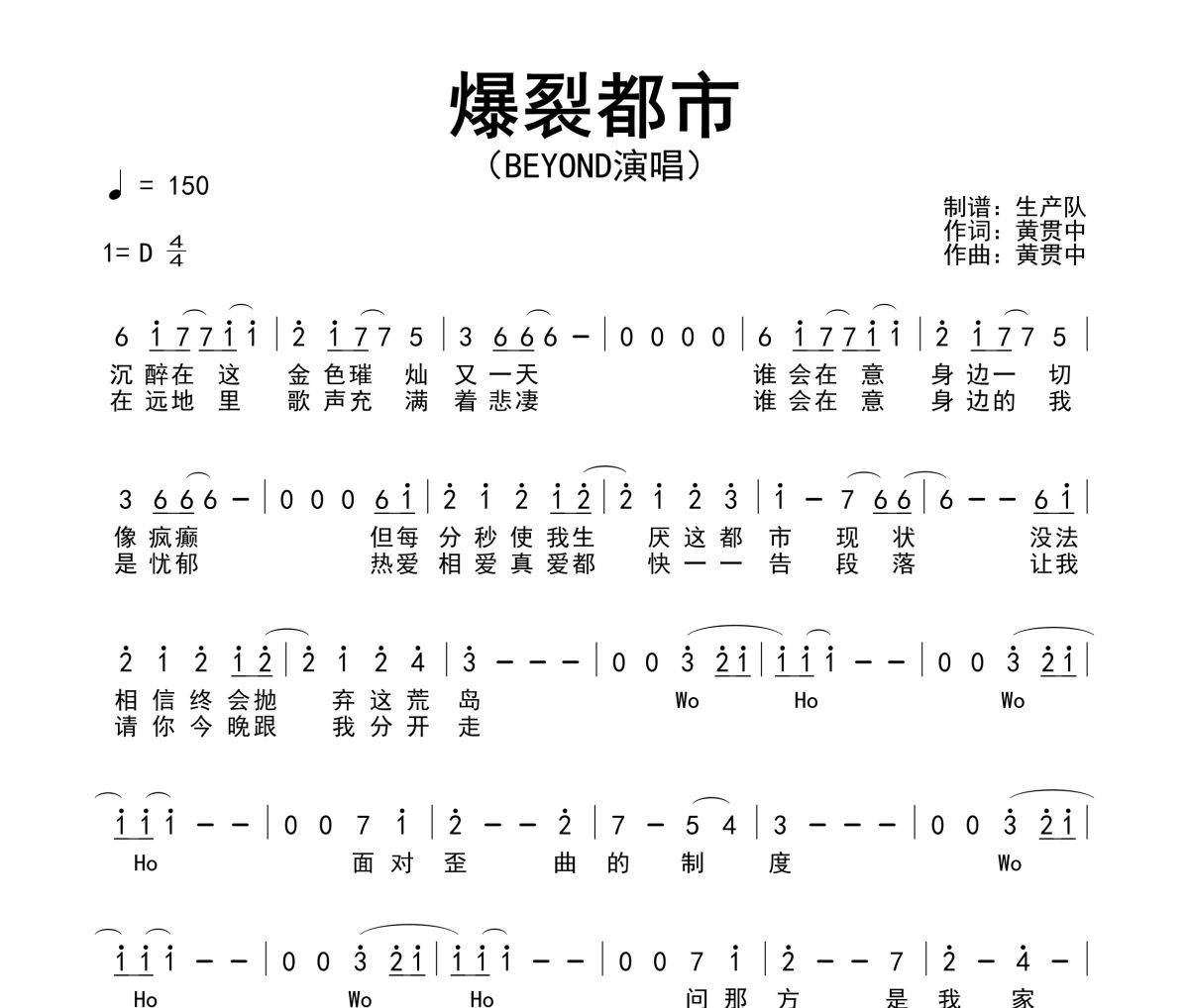 爆裂都市簡譜 Beyond《爆裂都市》簡譜D調