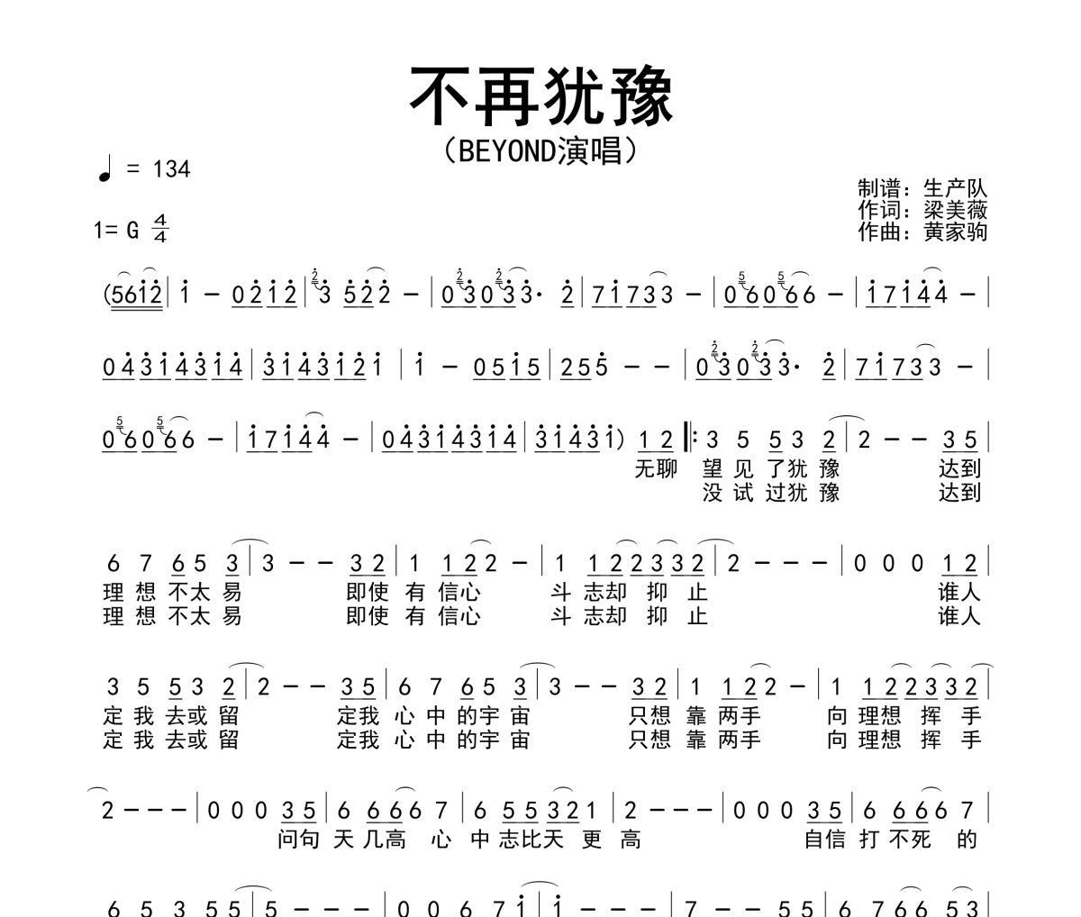 不再猶豫簡譜 Beyond《不再猶豫》簡譜G調