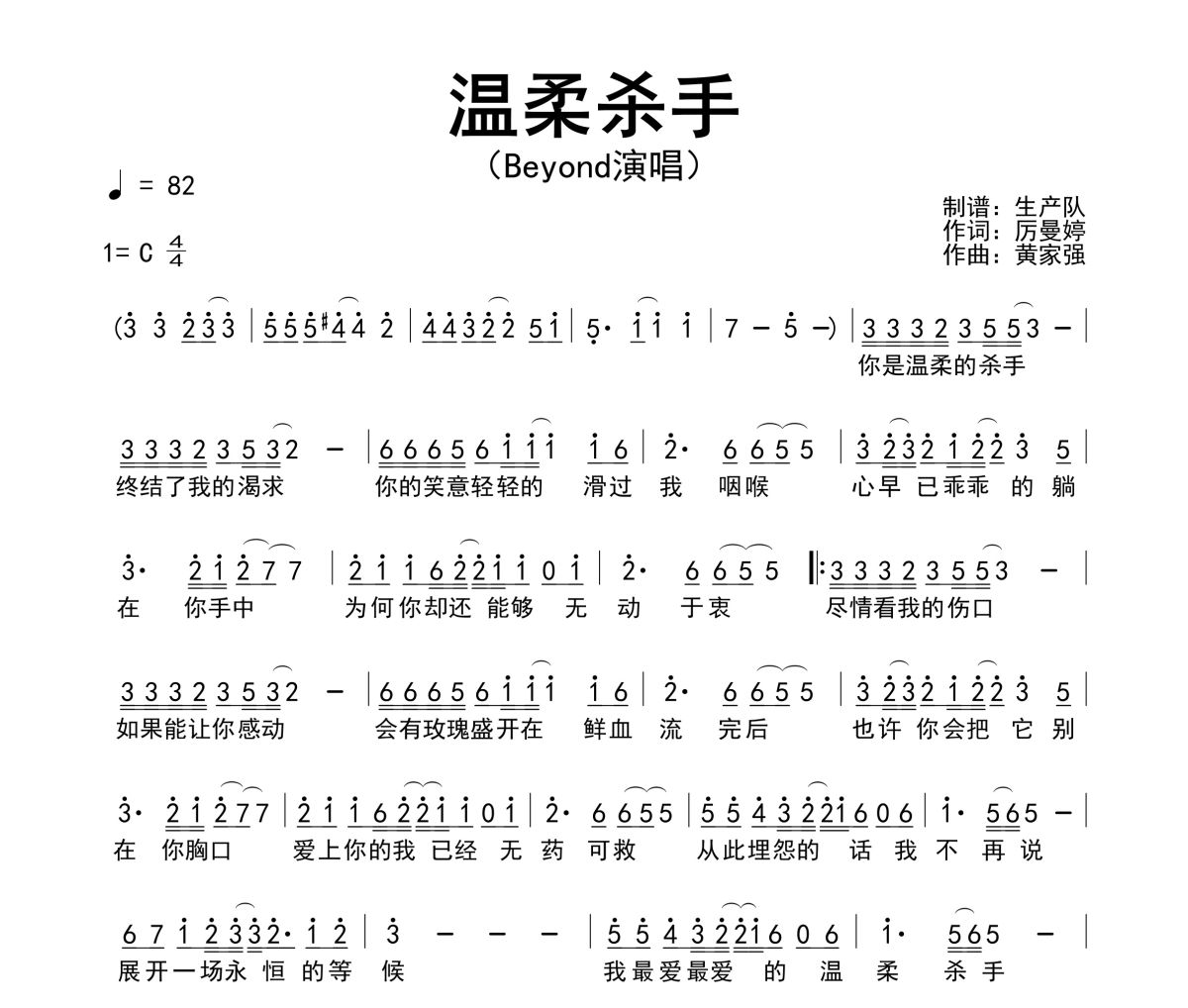 溫柔殺手簡譜 Beyond《溫柔殺手》簡譜C調(diào)