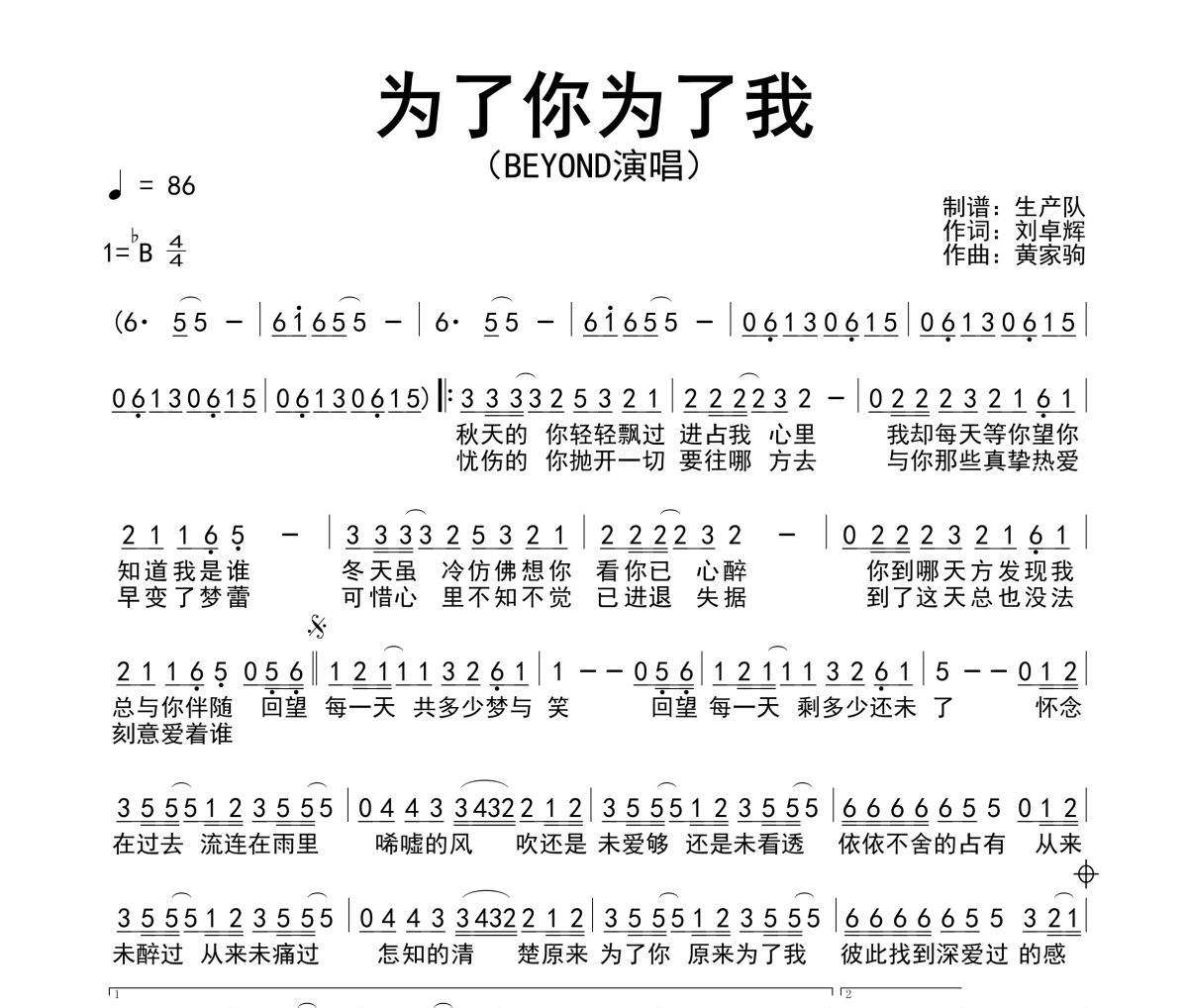 為了你為了我簡譜 Beyond《為了你為了我》簡譜降B調
