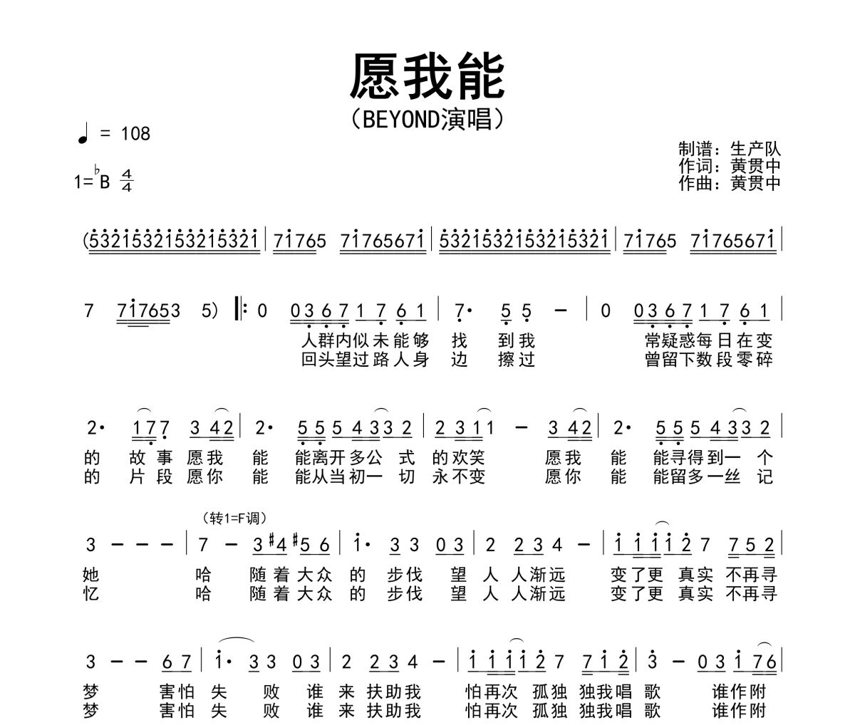 愿我能簡(jiǎn)譜 Beyond《愿我能》簡(jiǎn)譜降B調(diào)