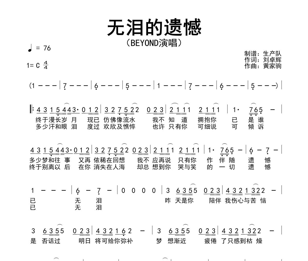 無淚的遺憾簡譜 Beyond《無淚的遺憾》簡譜C調