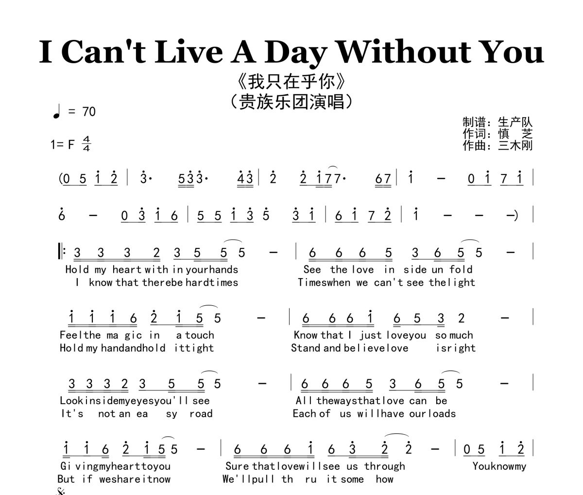 I Can't Live A Day Without You簡譜 貴族樂團《I Can't Live A Day Wit