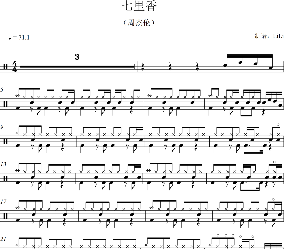 七里香鼓譜 周杰倫《七里香》架子鼓|爵士鼓|鼓譜+動態鼓譜