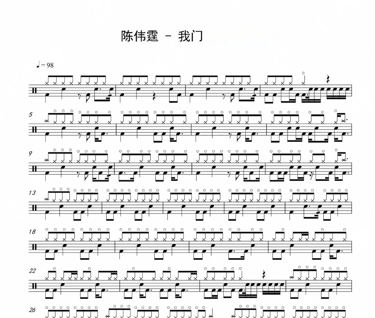 我門鼓譜 陳偉霆-我門架子鼓|爵士鼓|鼓譜