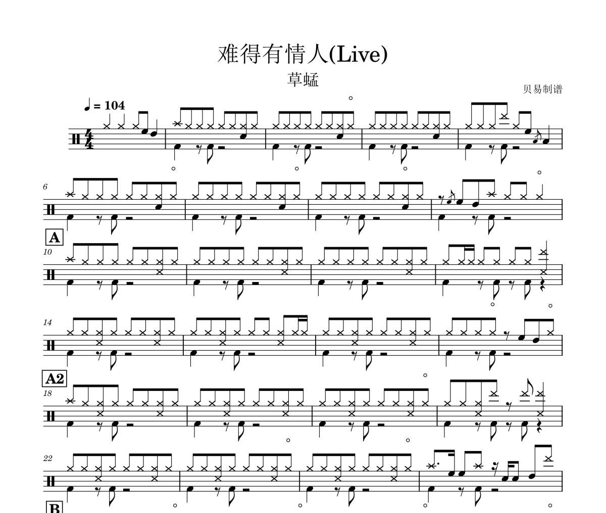 難得有情人鼓譜 草蜢-難得有情人(Live)架子鼓|爵士鼓|鼓譜