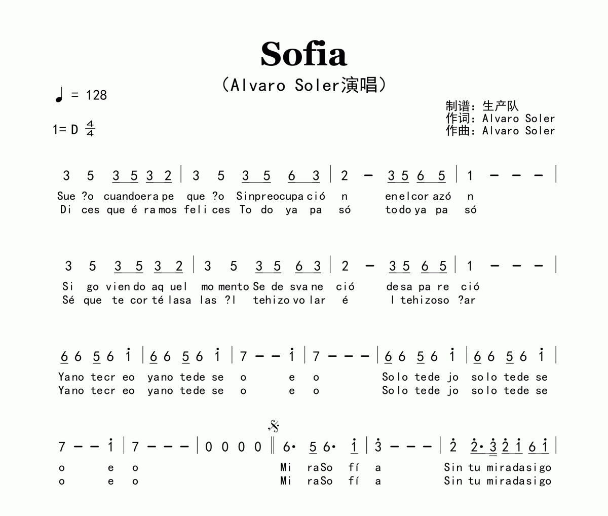 Sofia簡譜 Alvaro Soler《Sofia》簡譜D調
